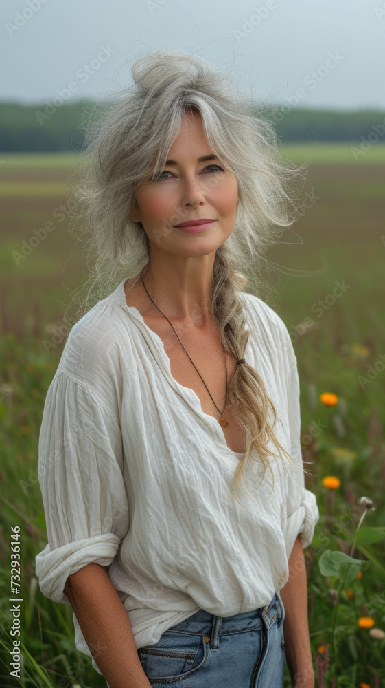 Old Caucasian woman on background summer field.