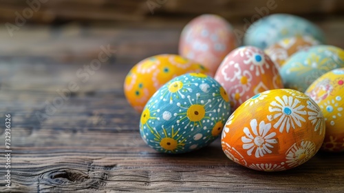 Lively and colorful Easter eggs, adorned with unique designs, create a delightful contrast against the natural beauty of grass and flowers.