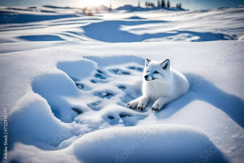 Witness the graceful movements of a young white arctic fox as it romps through the pristine winter landscape  its fur shimmering in the gentle sunlight against the backdrop of sparkling snow.