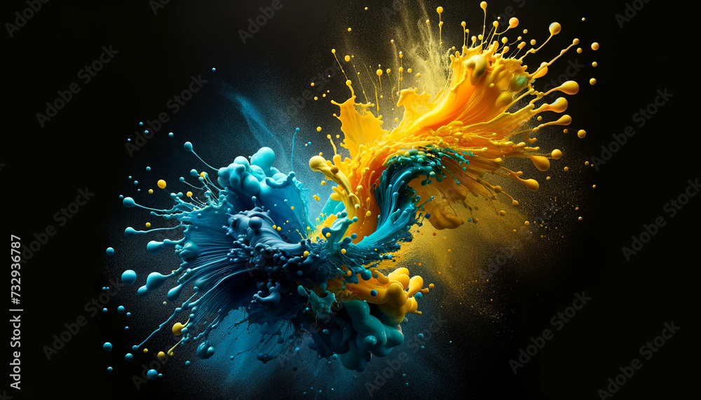 sky blue and bright yellow paint splashing against a black background sky blue and bright yellow paint splashing against a black background