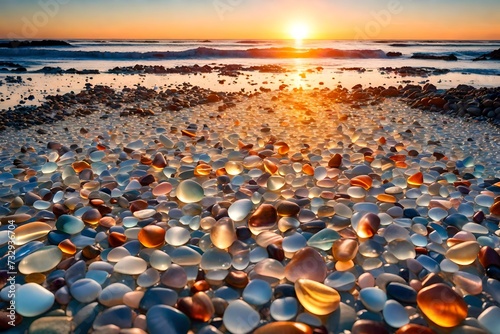 Glass pebble beach sunset. A beautiful beach of and sea shells sea glass made of tumbled glass polished over time by the waves of the ocean into shining pebbles