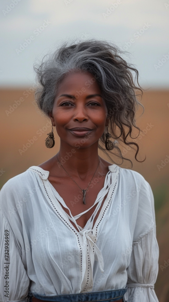 Old African woman on background of summer field.