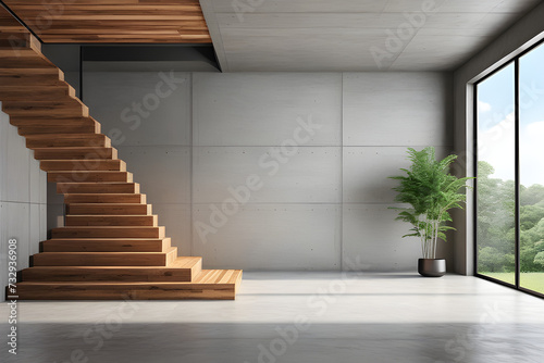 Modern contemporary loft empty room with nature view 3d render There are wooden stair plank wall and ceiling and blank concrete wall for copy space