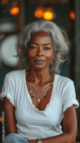 Old African woman in white t-shirt and jeans sitting at table at modern cafe.