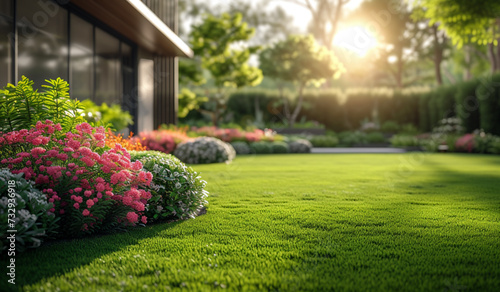 A close up of a lush green lawn with flowers and trees in spring. Generative AI #732936918