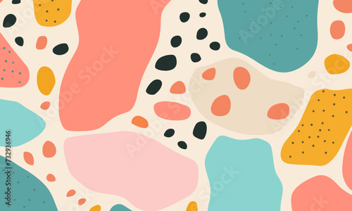 Abstract doodle design terrazo pattern with pastel background in the style of a 1970's handdrawn illustration