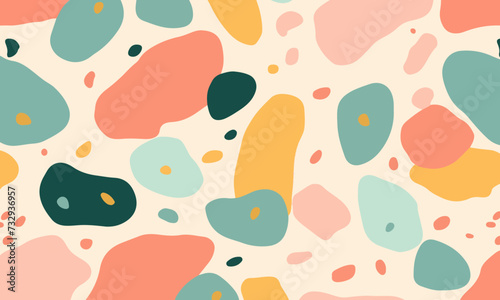 Abstract doodle design terrazo pattern with pastel background in the style of a 1970's handdrawn illustration