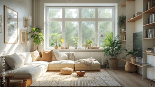 Cozy Scandinavian-Style Living Room, warm and inviting Scandinavian-style living room, bathed in natural sunlight with chic decor and lush indoor plants