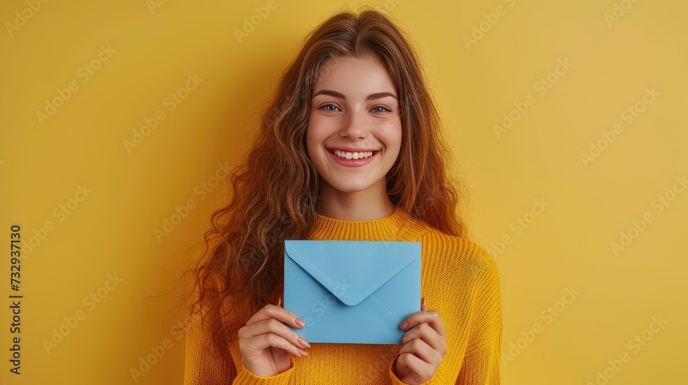 Happy cheerful smiling casual beautiful young woman standing isolated on yellow color background and holding blue envelope, You got new mail, copy space Happy cheerful smiling casual beautiful young woman standing isolated on yellow color background and holding blue envelope, You got new mail, copy space
