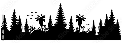 Panorama silhouette mountain with forest pine trees landscape black line Sketch art Hand drawn style vector illustration