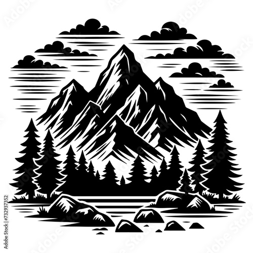 Panorama silhouette mountain with forest pine trees landscape black line Sketch art Hand drawn style vector illustration