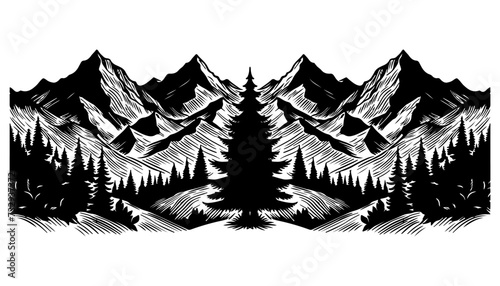 Panorama silhouette mountain with forest pine trees landscape black line Sketch art Hand drawn style vector illustration