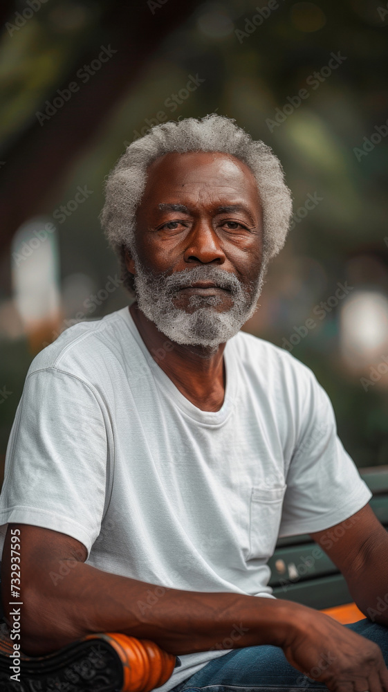 Old African man sitting on bench on background of green summer city park. Old African man sitting on bench on background of green summer city park.