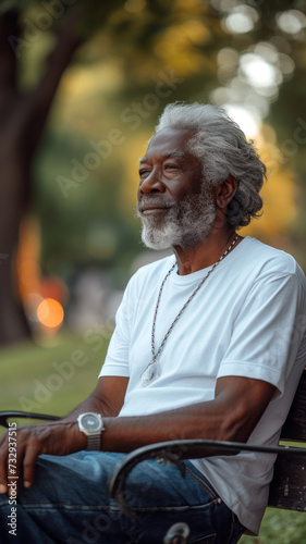Old African man sitting on bench on background of green summer city park. © sofiko14