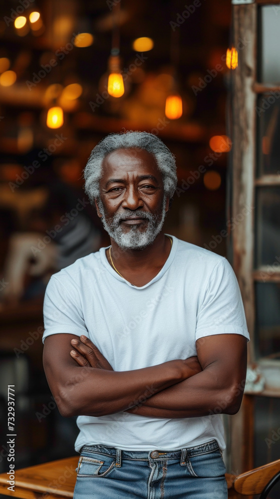 Old African man in white t-shirt and jeans sitting at table at modern cafe.
