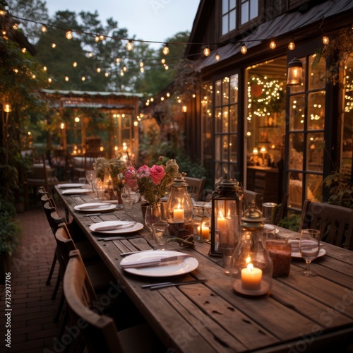 Intimate backyard dinner party concept. wooden table outside covered with plates and beautiful decorations with lights in the evening. square