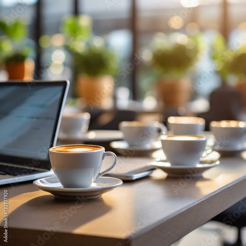 plenty of cups of coffee on desk next to laptops in modern office space