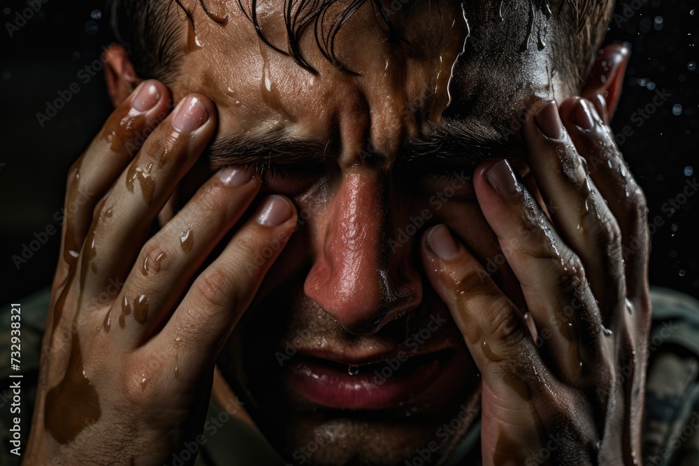 Fear of the military, horror in the eyes of a man, fear of war, Portrait of an Army with a dirty face in the forest. Ai generated Fear of the military, horror in the eyes of a man, fear of war, Portrait of an Army with a dirty face in the forest. Ai generated