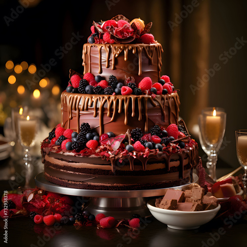 Exquisite artistry: Chocolate cake with decadent red layers. A culinary masterpiece for discerning palates. © Teguh