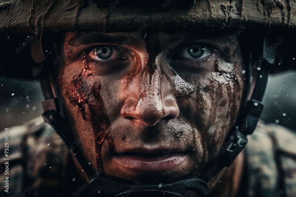 Fear of the military, horror in the eyes of a man, fear of war, Portrait of an Army with a dirty face in the forest. Ai generated Fear of the military, horror in the eyes of a man, fear of war, Portrait of an Army with a dirty face in the forest. Ai generated