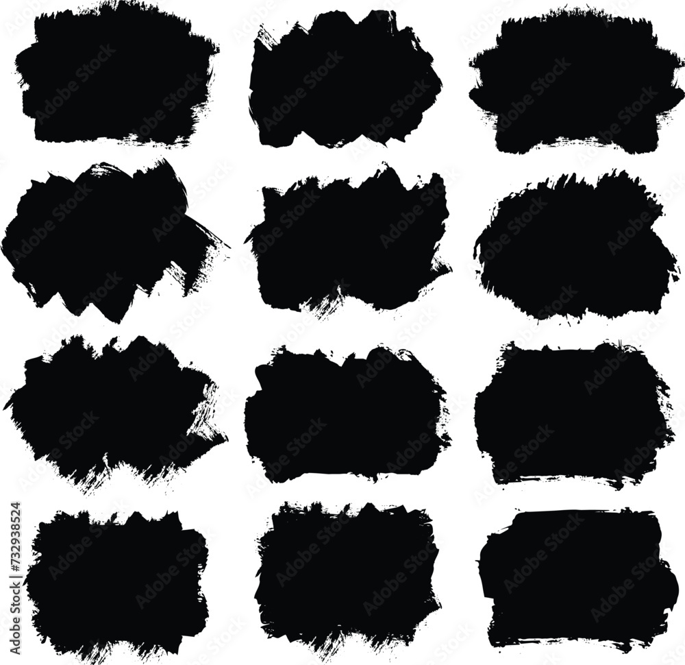 Brush stock lines set. Vector black paint brush spots, Hand drawn Ink brush strokes texture. highlighter lines or felt-tip pen markers. Ink smudge abstract shape stains and smear. Vector illustration. - obrazy, fototapety, plakaty 