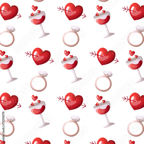Valentine s day seamless pattern with red wine glass, wedding ring and shot through the heart on the white background vector