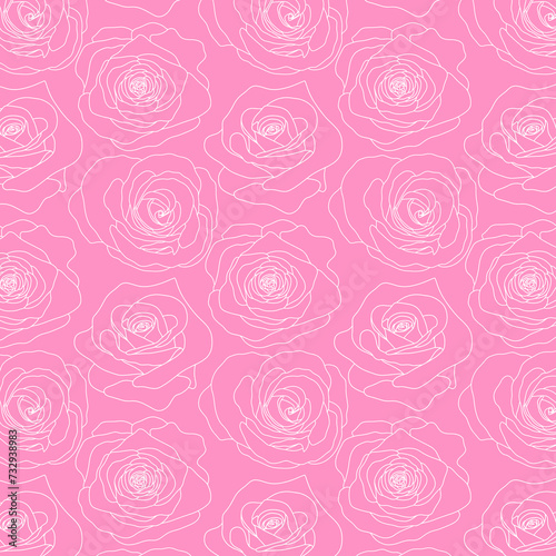 Vector seamless pattern with rose flowers white outline on the pink background hand drawn floral style vector