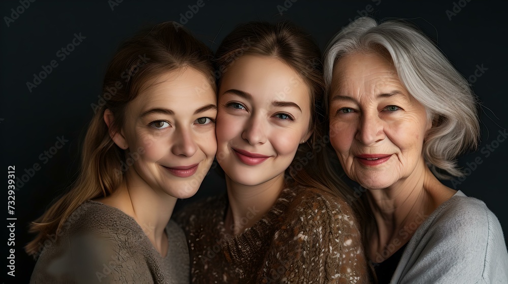 Three generations of women posing for a timeless portrait. family bonds captured in studio. classic and elegant photography style. AI Three generations of women posing for a timeless portrait. family bonds captured in studio. classic and elegant photography style. AI