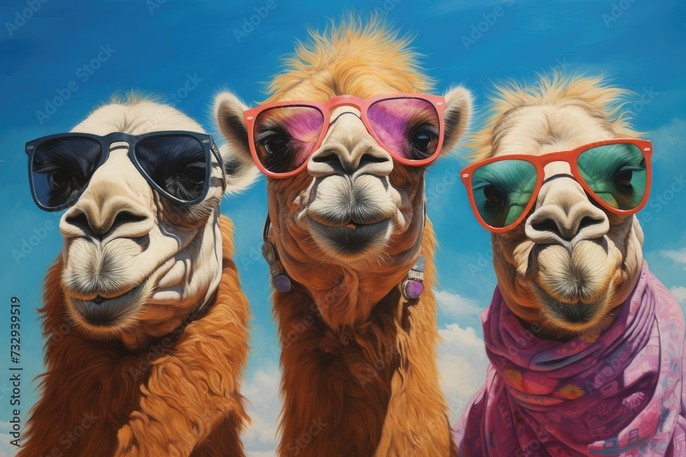 Three camels face wearing sunglasses, Camel wearing sunglasses against blue sky with clouds. 3d rendering. Ai generated