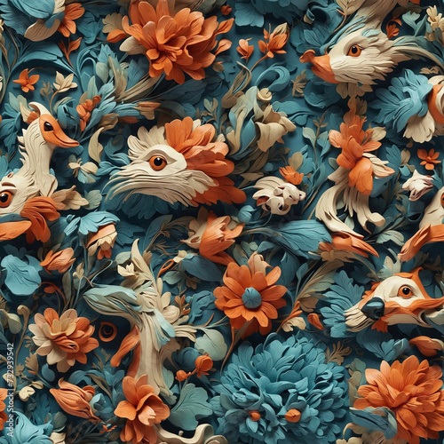 Whimsical Animals Hiding in the flowers Seamless Pattern photo