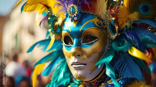 Colorful carnival mask at a festive event. traditional masquerade costume. vibrant celebration, cultural expression. eye-catching anonymity in masque. AI
