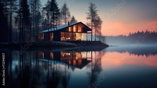 Twilight Echoes: Serene House in the Woods at Night by a Calm Lake 