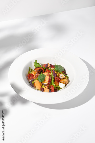 Mediterranean salad with octopus, potatoes, tomatoes, and Kalamata olives in a spicy sauce, shadowed on a white background