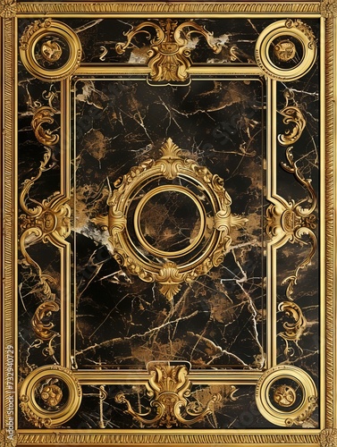 Abstract ornamental vintage aesthetics marble framed wall hanging  in the style of intricate frescoes ceiling design. Luxurious baroque style patchwork patterns. Decorative borders with gold.