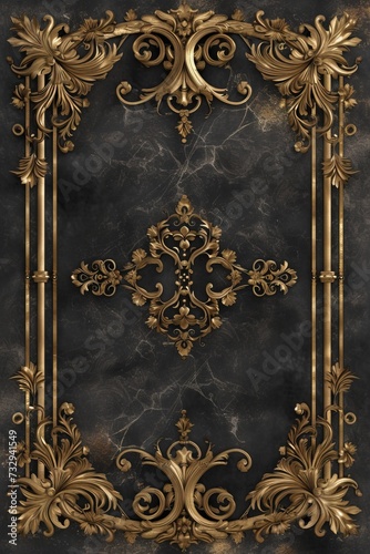 Abstract ornamental vintage aesthetics marble framed wall hanging, in the style of intricate frescoes ceiling design. Luxurious baroque style patchwork patterns. Decorative borders with gold.