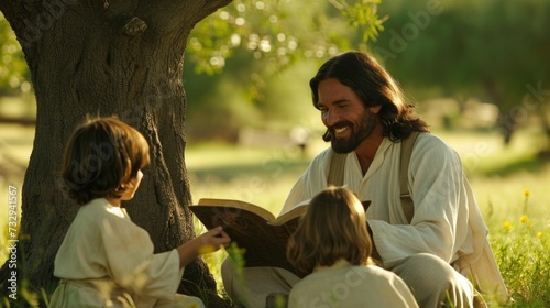 Jesus, engrossed in a book, educates children under a tree, creating a serene ambiance of learning and joy on a balmy summer day.
