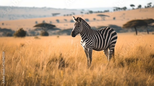 Solitary zebra standing in golden savannah grassland. wildlife scene with textured background  suitable for wall art and nature themes. perfect for design and posters. AI
