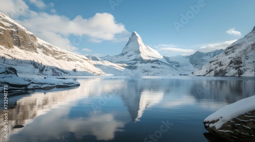Breathtaking alpine landscape with reflecting mountain peak in winter. serene nature scene with snow and reflection. ideal for wall art and backgrounds. AI © Irina Ukrainets