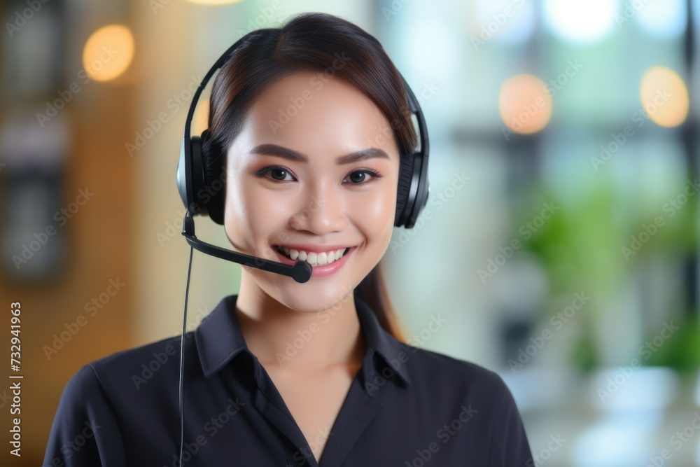 An image captures the poised presence of a Scandinavian call center worker, wearing a headset and smiling with warmth and professionalism. An image captures the poised presence of a Scandinavian call center worker, wearing a headset and smiling with warmth and professionalism.