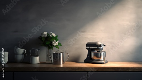 Coffee machine with vase of flowers on wooden table in kitchen