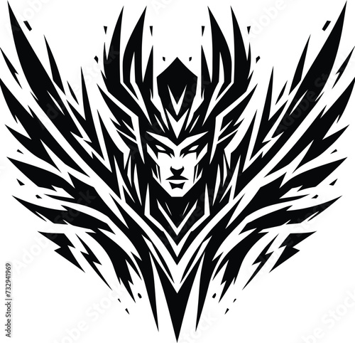 modern tribal tattoo valkyrie, abstract line art, minimalist contour. Vector