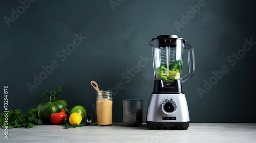 Blender with ingredients for making smoothie. Healthy food concept.