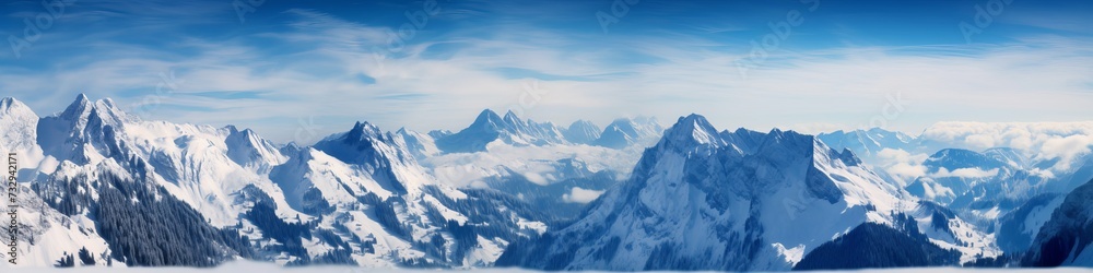 Panoramic view of Snow Mountain Range Landscape with Blue Sky