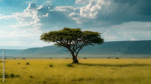 Solitary tree on a vast african savannah under a dynamic sky. ideal for backgrounds and nature themes. serene and expansive. AI