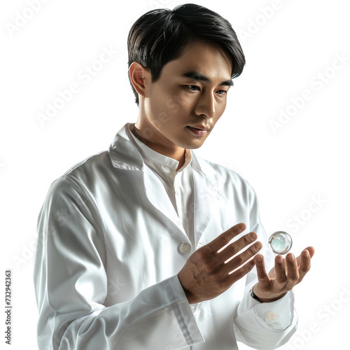 Asian Scientist Examining Sphere in Lab

