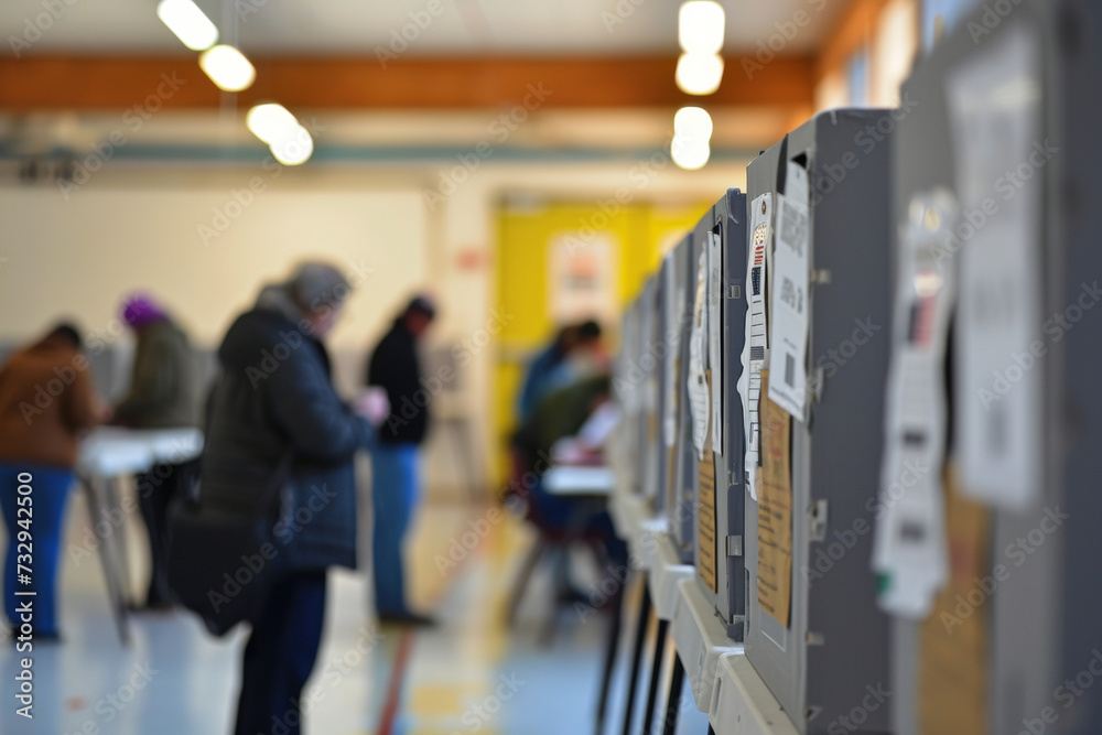 Fototapeta premium Election Day showing voting booths, polling stations, and voters