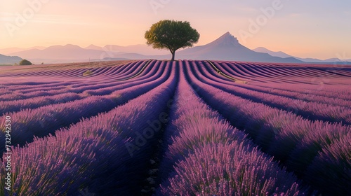 Serene lavender field at sunrise with solitary tree and mountain backdrop. calm  vibrant landscape ideal for decor. AI