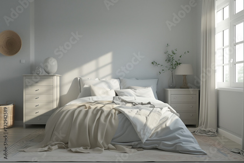 Modern white and clean bedroom, Minimal style, Green plant in white room, Interior design, Scandinavian design, wooden furniture