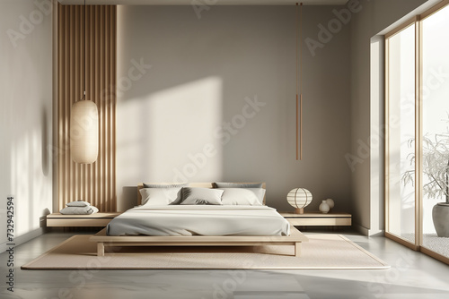 Modern white and clean bedroom, Minimal style, Green plant in white room, Interior design, Scandinavian design, wooden furniture