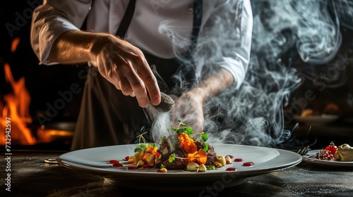 Chef cooking salad in restaurant kitchen. Close up of male hands preparing food photo